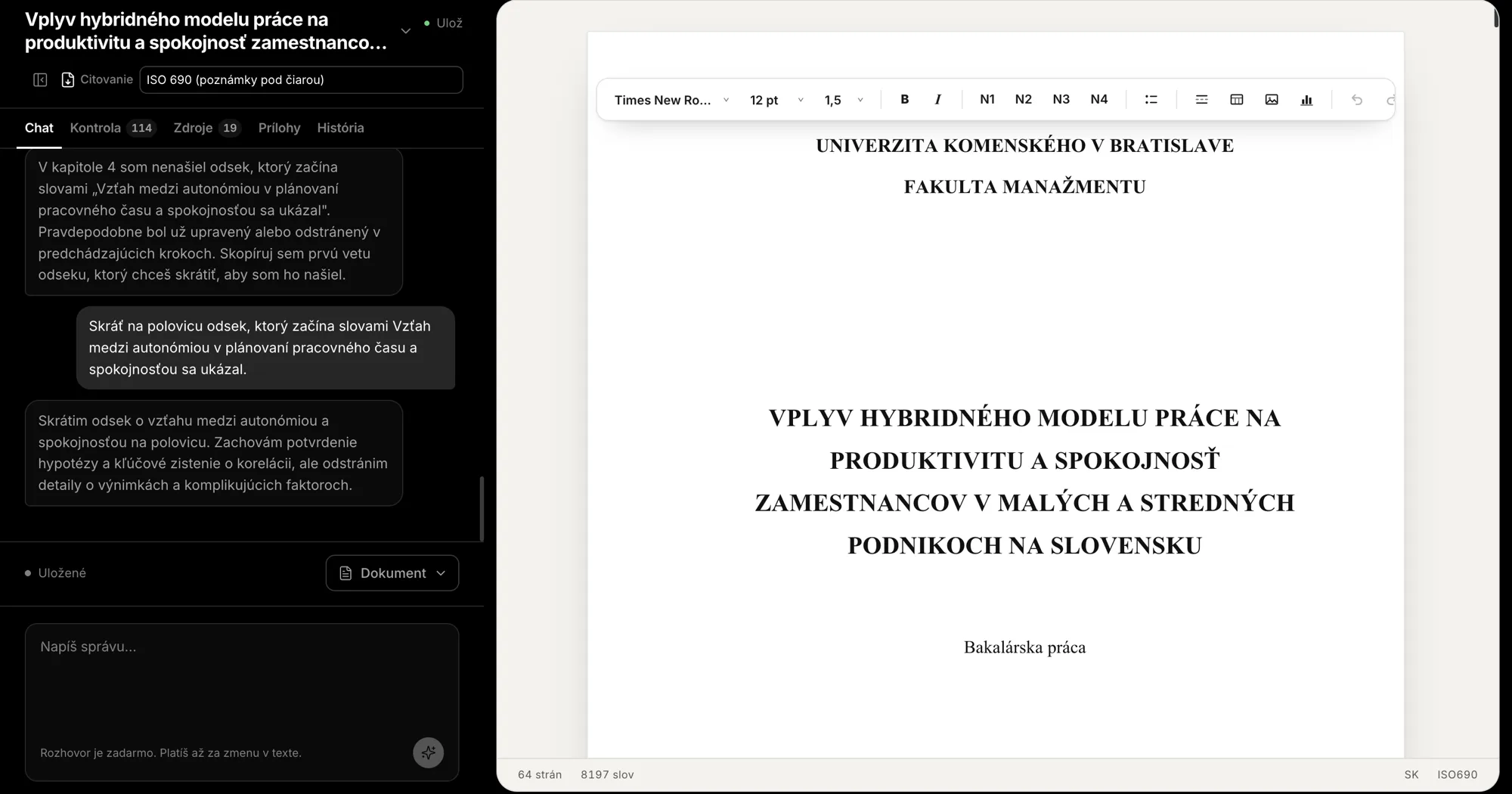 The AIPráce editor: the chat over the thesis on the left, an A4 page of a generated bachelor thesis with its title page on the right